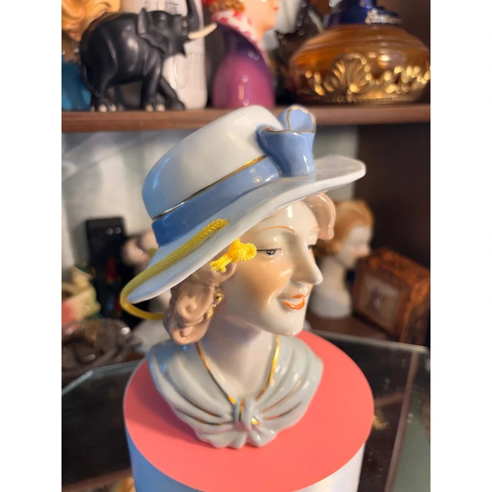 Vintage Ceramic Lady Head Vase Blue Hat Gold Trim Mid Century Style Figurine